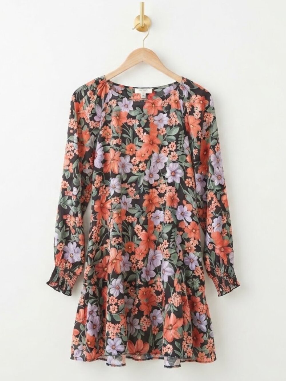 Floral Dress M Black Multi Smocked Cuffs Long Sleeve Boho Cottagecore